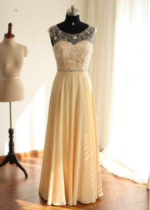 Beaded Champagne Chiffon Keyhole Back Elegant Prom Dress